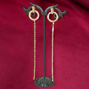 Gold Disc Rhinestone Lineear Drop Earrings Modern Retro Glam Mobwife Showgirl